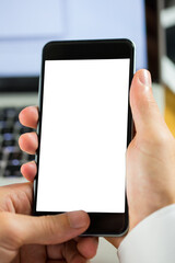 Digital png photo of smartphone with copy space, held in man's hands on transparent background