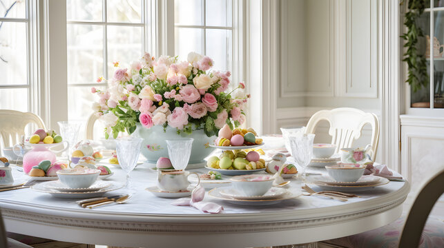 Showcase an impeccably set Easter brunch table, adorned with pastel decor and delectable dishes, inviting viewers to share in the elegance of the holiday.