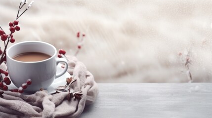 cozy winter background with cup of cocoa with space for text