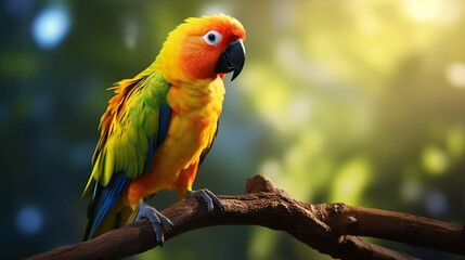 Gorgeous Sun Conure parrot bird perched on a branch