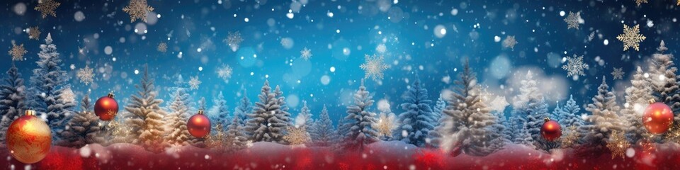 Fototapeta na wymiar Christmas Tree Winter Landscape Setting Horizontal Banner Generative AI