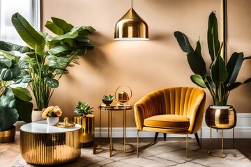 living interior with table and chairs, A stylish and luxury interior with a design honey yellow armchair, gold lamp, and mirror, adorned with vibrant plants and a plush pillow