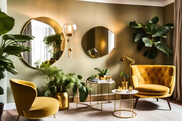 interior design of a room, A stylish and luxury interior with a design honey yellow armchair, gold lamp, and mirror, adorned with vibrant plants and a plush pillow