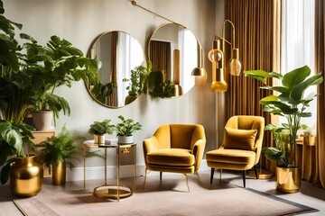 honey interior of a room, A stylish and luxury interior with a design honey yellow armchair, gold lamp, and mirror, adorned with vibrant plants and a plush pillow