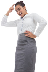 Digital png photo of happy caucasian businesswoman scratching head on transparent background