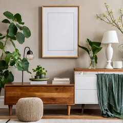 Warm and Cozy Composition of spring living room interior with mock-up poster frame, wooden sideboard, white sofa, green stand, base with leaves, plants, and stylish lamp, Home Decor