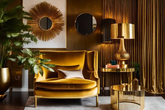 yellow interior design of a living room, A stylish and luxury interior with a design honey yellow armchair, gold lamp, and mirror, adorned with vibrant plants and a plush pillow
