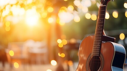 Fototapeta premium Music bokeh blurred background with guitar with copy space