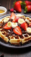 A plate of waffles with fresh fruit and chocolate chips