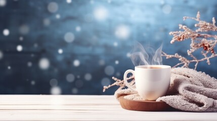 cozy winter background with cup of cocoa with space for text - obrazy, fototapety, plakaty