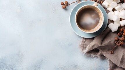 cozy winter background with cup of cocoa with space for text