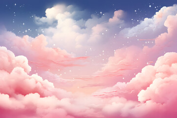 Sugar cotton pink clouds vector design background. Glamour fairytale backdrop. Plane sky view with stars and sunset. Watercolor style texture. Delicate card. Elegant decoration. Fantasy pastel color  