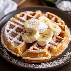 A single waffle with sliced bananas and a dusting of pow