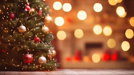 Christmas tree with decorations and blurred background with glare