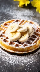 A single waffle with sliced bananas and a dusting of powdered sugar