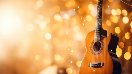 Fototapeta premium Music bokeh blurred background with guitar with copy space
