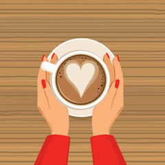 Vector illustration of female hands holding a cup of hot coffee with heart drawing. Top view of woman arms in table of a restaurant wearing warm clothing in autumn