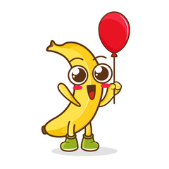 Cartoon of banana fruit holding a balloon , character design