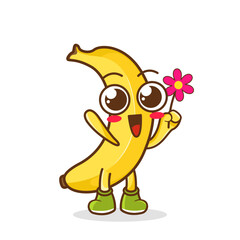 Cute cartoon banana fruit character holding flower