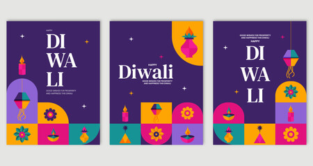 Minimalistic creative Happy Diwali greeting card, invitation card, template design vector illustration set.