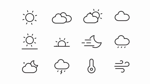 Weather pictograms animation. Forecast footage in 4k 60 fps. Weather symbols collection. Sun with clouds. Rain and snow sign. Lighting storm, thermometer icon.