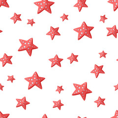 Fototapeta premium Red starfish seamless vector pattern. Underwater animals in the shape of stars with suckers. Flat cartoon style, hand drawn childish illustration on white background. Cute sea backdrop