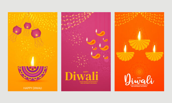 Indian festival Happy Diwali greeting card, invitation card, template design vector illustration set.