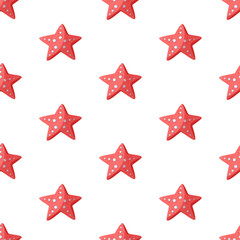 Red starfish seamless vector pattern. Underwater animals in the shape of stars with suckers. Flat cartoon style, hand drawn childish illustration on white background. Cute sea backdrop