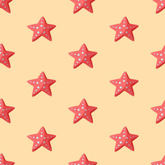 Red starfish seamless vector pattern. Underwater animals in the shape of stars with suckers on the sand. Flat cartoon style, hand drawn childish illustration on a sand background. Cute sea backdrop