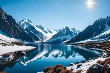 A snow-capped mountain range with a clear blue sky and a lake in the foreground