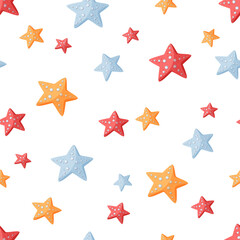 Seamless vector pattern with colorful starfishes on a white background. Summer hand drawn background for package, wrapping paper, banner, print, card, gift, fabric, card, textile, wallpaper, web