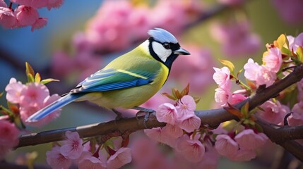 A green jay perched on a blossoming tree