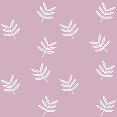 The white leaf pattern is repeated. On a pastel purple background. Simple fabric pattern idea. Gift wrapping paper, wallpaper, children's clothing.