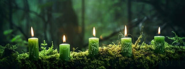 Burning candles on moss, dark green blurred the natural background. Magic candle.