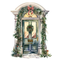 Door For Christmas Event. Watercolor Style. AI Generated