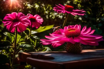 pink flowers in a garden, A vibrant pink petaled flower on the table, surrounded by a lush garden in full bloom