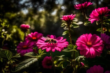 honey bee on a flower, A vibrant pink petaled flower on the table, surrounded by a lush garden in full bloom