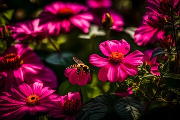 bee on a pink flower, A vibrant pink petaled flower on the table, surrounded by a lush garden in full bloom