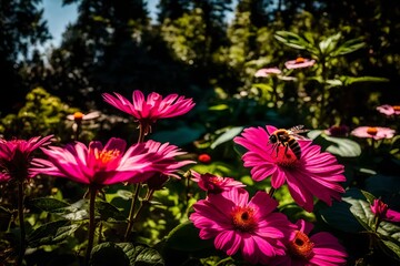 pink flowers in the garden, A vibrant pink petaled flower on the table, surrounded by a lush garden in full bloom