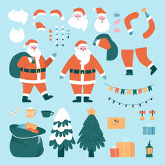 Santa Claus character constructor. Set with Christmas hero and holiday attributes. New Year's tree, garland, gifts. Flat vector illustration.