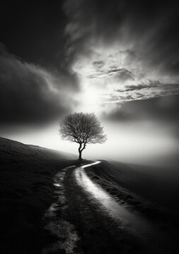 Solitary Tree on Hill - Path Leading Towards it, Dramatic Sky Overhead & Evoking Deep Reflection - Striking Contrast of Bare Tree & Illuminated Pathway - Capturing Essence of Solitude in Nature.