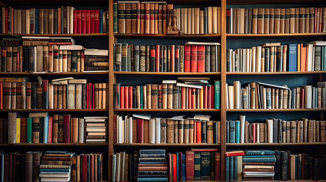 many books on a shelf in a library
