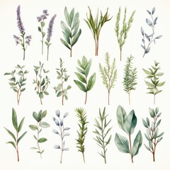 Obraz na płótnie Canvas Collection of watercolor herbs clipart on white background.