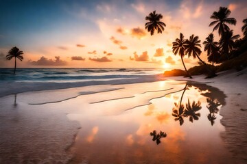 A beach at sunset with palm trees and white sand - obrazy, fototapety, plakaty