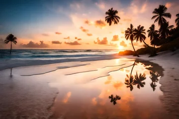  A beach at sunset with palm trees and white sand © Jasmeen