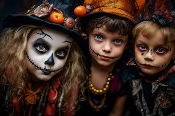 Obraz premium Happy Halloween! Three children in halloween costume and makeup