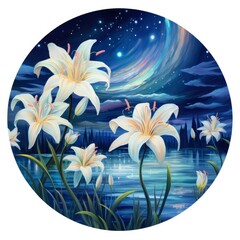 Fototapeta na wymiar Watercolor fairy lilies blooming under a starry night sky on a white background.