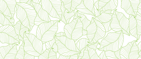 Tropical leaves wallpaper, luxury botanical nature leaf design, vector background with green leaf lines. Hand drawn, suitable for fabric design, print, cover, banner and invitations.