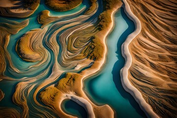 blue and yellow abstract background,Aerial View of Abstract Natural Patterns on a Lake