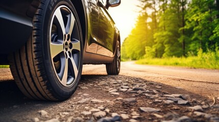 Car tire on a stony road, close up view with copy space - obrazy, fototapety, plakaty